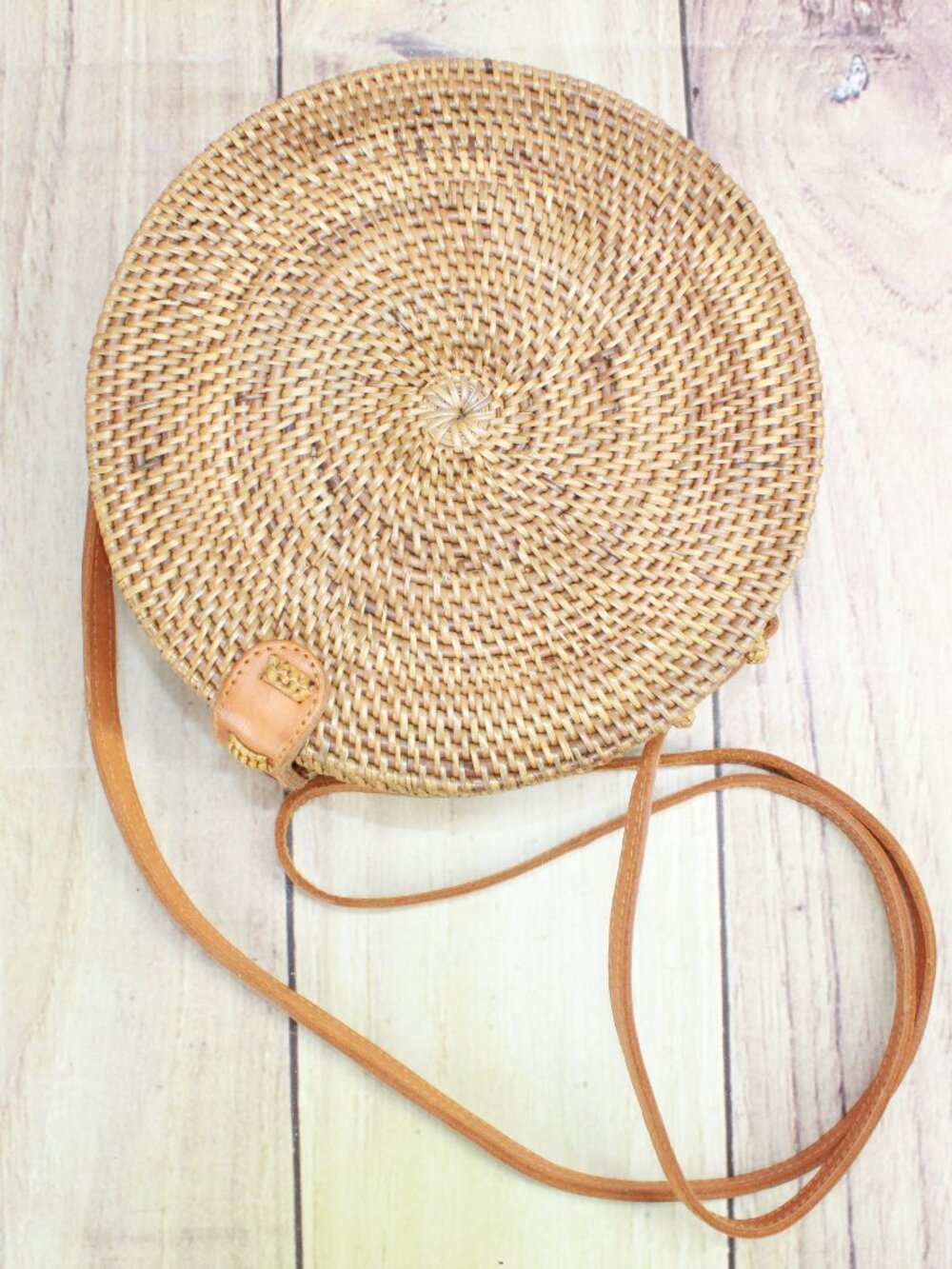 Straw Studios Brown Leather Strap Handwoven Rattan Crossbody Round Bag